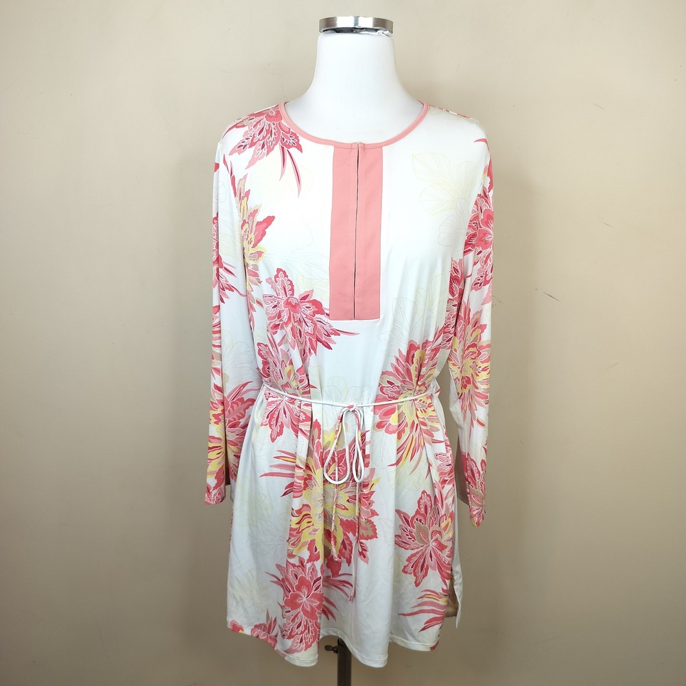 Tahari Floral Tunic Top Womens Large Long Sleeve Tie Waist White Coral